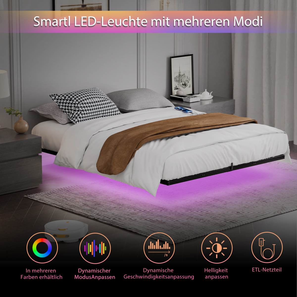 Schwebebett 140x200 Schwarz, Metallbett mit RGB LED (App & Musik Sync), Ladestation (USB/Typ-C), Schwebeoptik