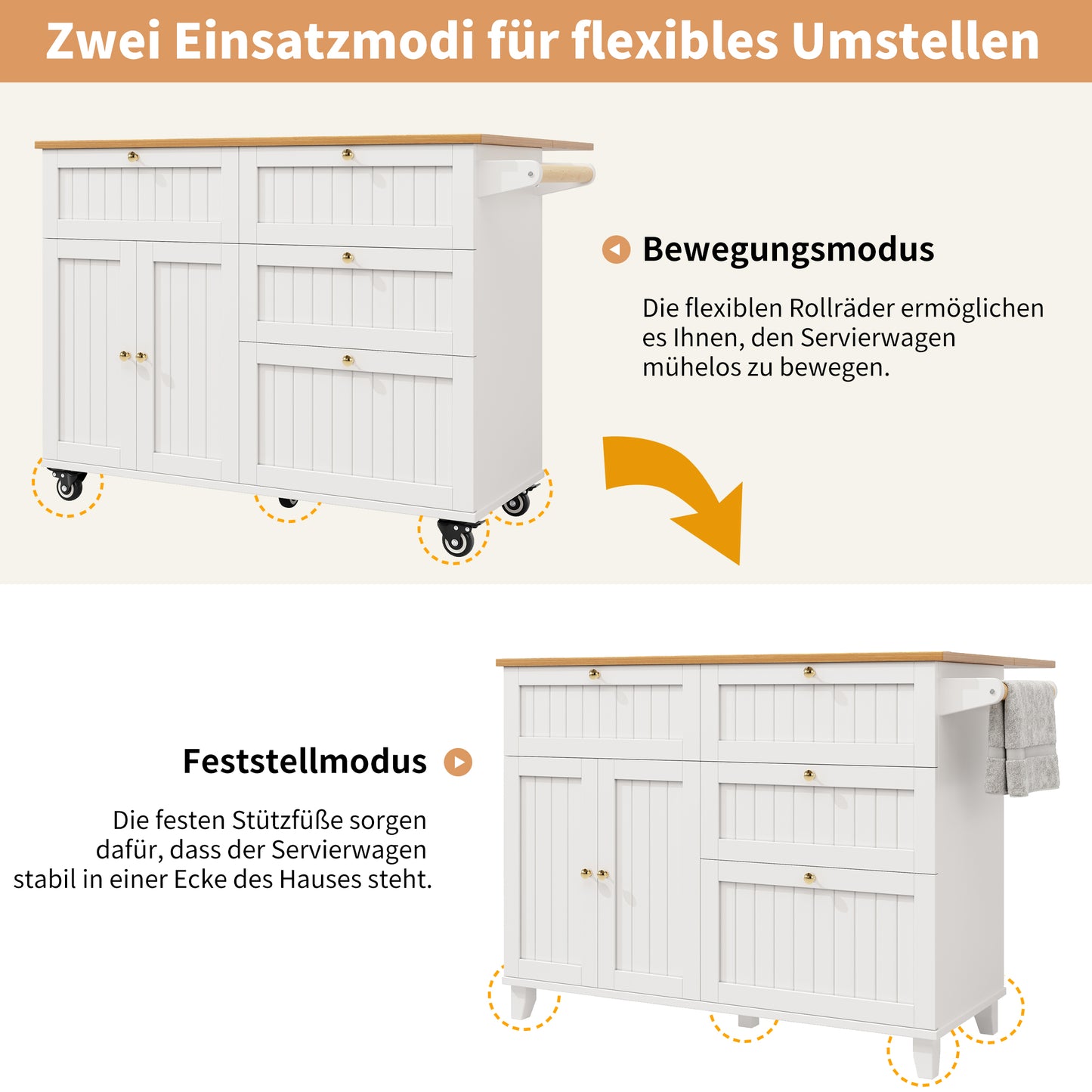 Moderne Kücheninsel, Küchenschrank, buffetschrank, Speisewagen mit Holzmaserung, buffetschrank, Multifunktionale Esstisch mit Speicherraum, Speisewagen mit Stretchfunktionsschränken, weiß