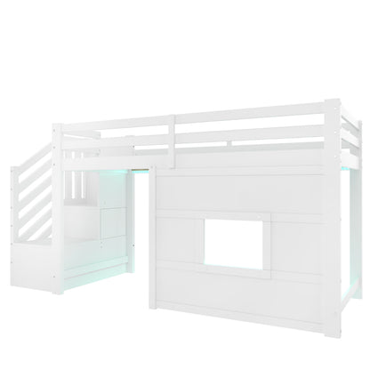 90x200 Hochbett mit Stauraumtreppe und Fenster, Weiß