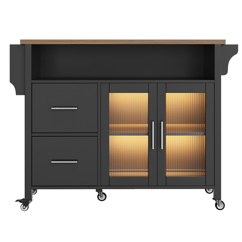 Kücheninsel mit herausnehmbaren Trennwänden, Speisewagen mit Arbeitsplatte, Buffetschrank, Speisewagen mit Glasvitrine in Holzmaserung, LED-Leuchten, seitlicher Handtuchhalter mit Rollen, Schwarz