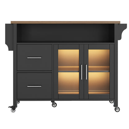 Kücheninsel mit herausnehmbaren Trennwänden, Speisewagen mit Arbeitsplatte, Buffetschrank, Speisewagen mit Glasvitrine in Holzmaserung, LED-Leuchten, seitlicher Handtuchhalter mit Rollen, Schwarz