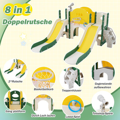 8 in 1 Kinderrutsche Kletterspielzeug, Multifunktionsrutsche mit 2 Rutschen, freistehende Rutsche, Klettern, Bohrspiel, Stauraum, Spielkorridor, Basketballkorb, Lasso-Spiel, Teleskop