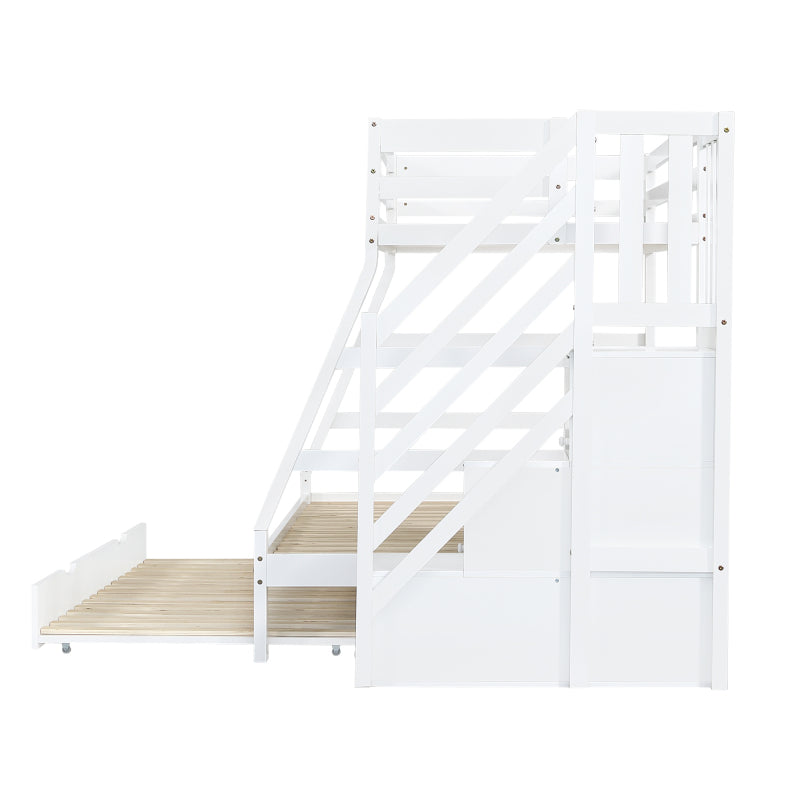 Etagenbett mit Rollbett, Kinderbett mit Leiterschrank und Handlauf, mit Fallschutzgitter an allen Seiten, Kiefer+MDF, Weiß, 90x190CM Rollbett, 90/120x200CM
