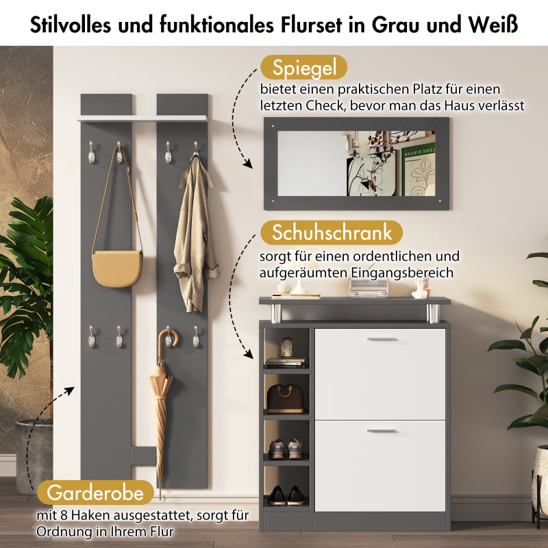 Wandgarderoben-Set 80 x 25 x 96.5 cm, inkl. Spiegel, 2 Wandpaneelen, einer Regalwand und einem Schuhschrank, Korpus anthrazitgrau matt, Flurmöbel, Flurtrockenständer, Flurgarderobe, Schuhwechsler-Set,