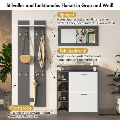 Wandgarderoben-Set 80 x 25 x 96.5 cm, inkl. Spiegel, 2 Wandpaneelen, einer Regalwand und einem Schuhschrank, Korpus anthrazitgrau matt, Flurmöbel, Flurtrockenständer, Flurgarderobe, Schuhwechsler-Set,