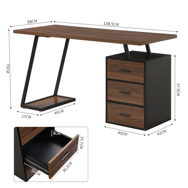 Bürotisch Arbeitstisch Ablage Basteltisch Industrial Schreibtisch 138.5cm mit 3 Schubladen