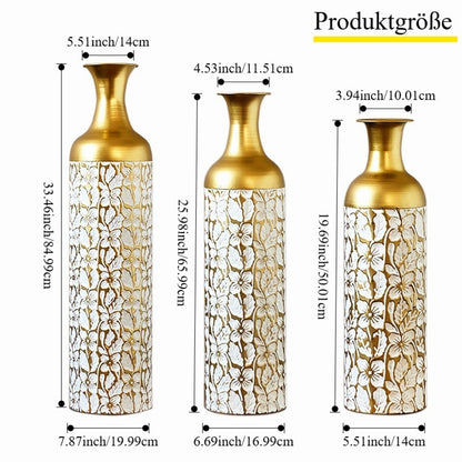 3er Set Bodenvase Metall, Weiß-Gold, Retro Stil, 83/65/50 cm hoch