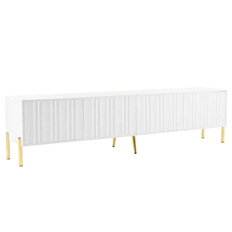 Weißes TV-Schrank, 190 cm lang x 38 cm breit x 48 cm hoch, goldene Tischbeine, gerilltes Türdesign