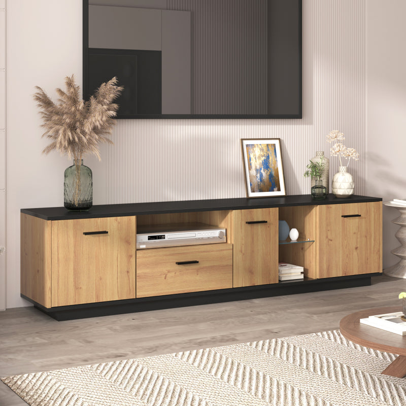 TV-Schrank mit einer Schublade, drei Türen, zwei offene Fächer mit Glas TV-Möbel, TV-Board, TV-Lowboard Feinstruktur. Schwarze und natürliche Holzfarben. 15 variable LED-Leuchten.