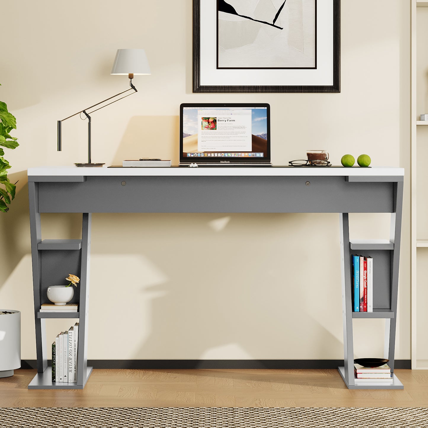 Einfacher Schreibtisch, Schreibtisch mit X-förmiger Halterung, Lagerregal mit sechs Positionen, stilvoll und robust, Grau + Weiß