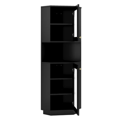 Badschrank mit Lichtleiste, Badmöbel, Eckschrank mit zwei Ablagefächern, offenes Fach mit verstellbaren Einlegeböden, 45x 45 x 166,5 cm, schwarz