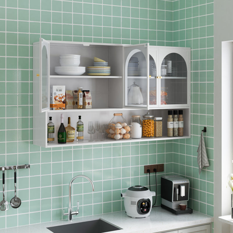 120CM Four-door Glass Wall Cabinet Storage, Wall-mounted,Suitable for Kitchen, Living Room, Bathroom (White)