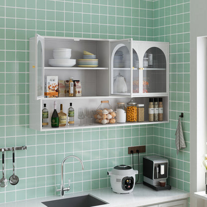 120CM Four-door Glass Wall Cabinet Storage, Wall-mounted,Suitable for Kitchen, Living Room, Bathroom (White)