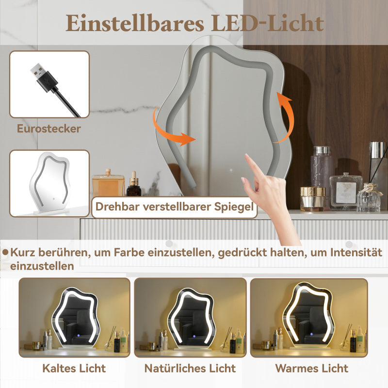 Schminktisch, Kosmetiktisch-Set mit Spiegel und Beleuchtung, ausziehbare Tischplatte, 3-farbige LED-Beleuchtung, Maße: B100/H76/T40 cm (ohne Hocker)