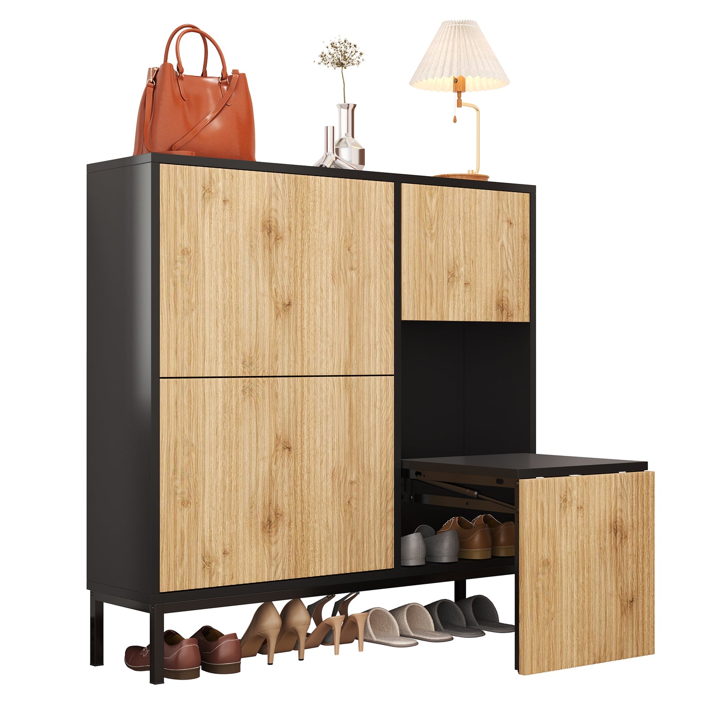 Schuhschrank mit Schuhwechselhocker, dreifach klappbarem Schuhregal und offenem Stauraum, geeignet für Flure, Schwarz + Holzfarbe