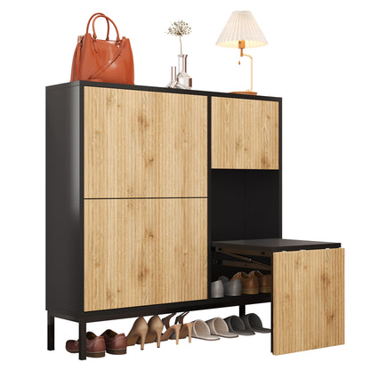 Schuhschrank mit Schuhwechselhocker, dreifach klappbarem Schuhregal und offenem Stauraum, geeignet für Flure, Schwarz + Holzfarbe