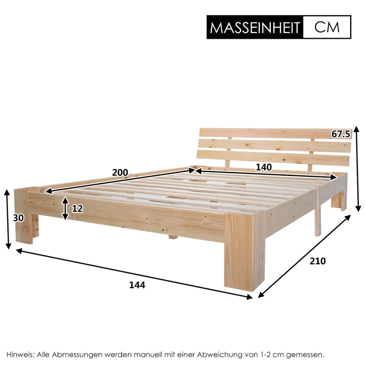 Bett 140x200 Holzbett Kiefer Massiv, Bettgestell mit Lattenrost, 150kg Tragkraft, Stauraum 18cm, Natur