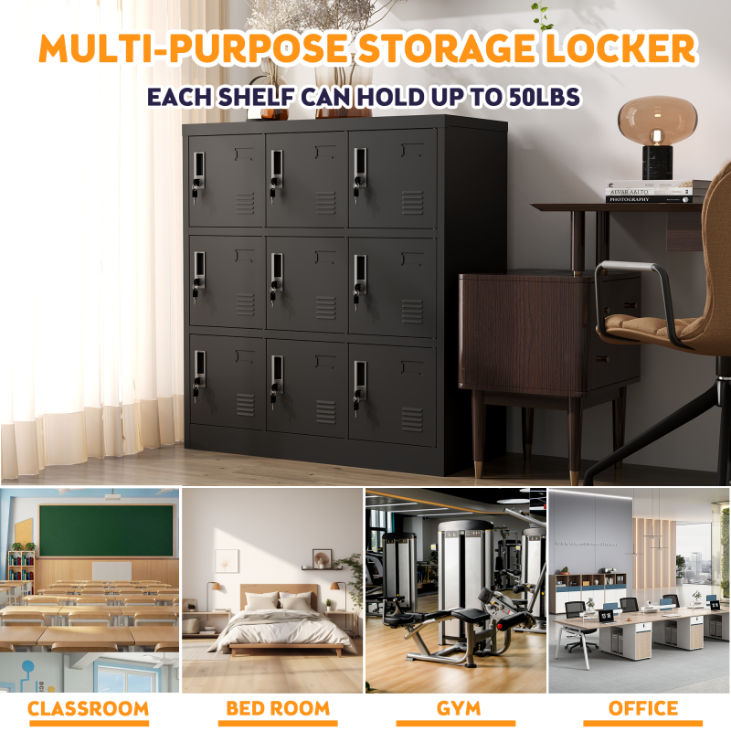 9-Türige Metall-Schränke für Büro, Fitnessstudio, Schule & Zuhause - Sicherer Aufbewahrungsschrank mit Kartenfach (Schwarz), H 100 cm × B 90 cm × T 40 cm