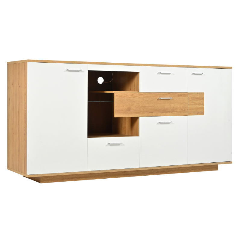 Modernes Sideboard-Schrank mit viel Stauraum, mit LED-Beleuchtung, 160x40x77cm, 2 Türen, 4 Schubladen, Glasablage, Holzoptik, Weiß,Wohnzimmermöbel, Organizer, Kommode, Mehrzweckschrank.