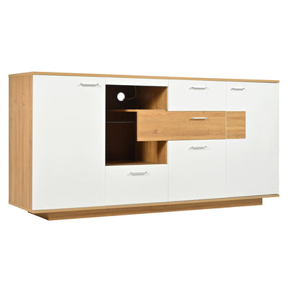 Modernes Sideboard-Schrank mit viel Stauraum, mit LED-Beleuchtung, 160x40x77cm, 2 Türen, 4 Schubladen, Glasablage, Holzoptik, Weiß,Wohnzimmermöbel, Organizer, Kommode, Mehrzweckschrank.