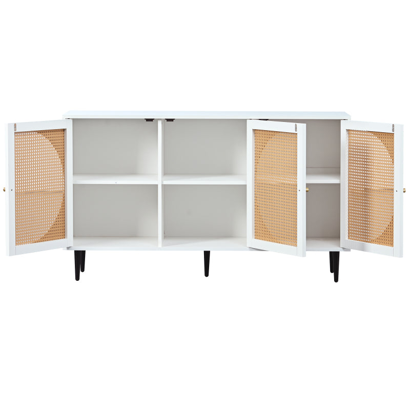 Sideboard mit 3 Rattan verzierten Türen Kommode Highboard mit Metallgriffe, für Schlafzimmer & Wohnräume & Büro, Weiß,129.8x 40x 76cm