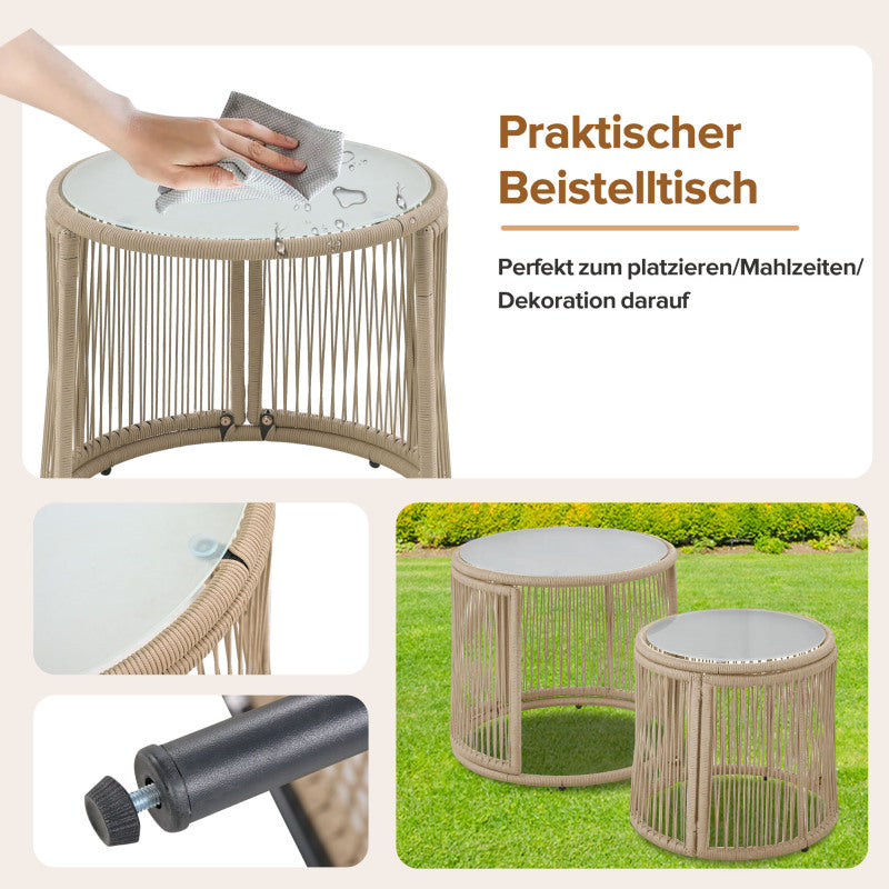 Gartenlounge-Set, Gartenmöbel-Set, Mit Eisenrahmen und beigem Seil, Gartenmöbel aus gewebtem Seil für den Außenbereich, Beige, Zwei Sessel, zwei 2-Sitzer-Sofas und zwei Tische (alle Kissen inklusive)