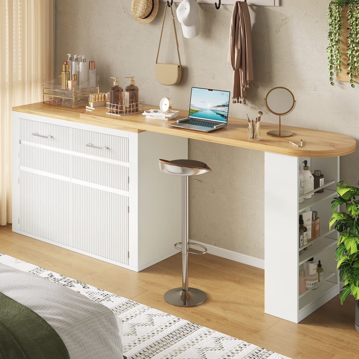 Ausziehbarer Bartisch Weiß (137-215cm) - Moderner Teleskop-Hochtisch mit Schublade & 2 Regalen - Bewegliche Kücheninsel & Bistro Table