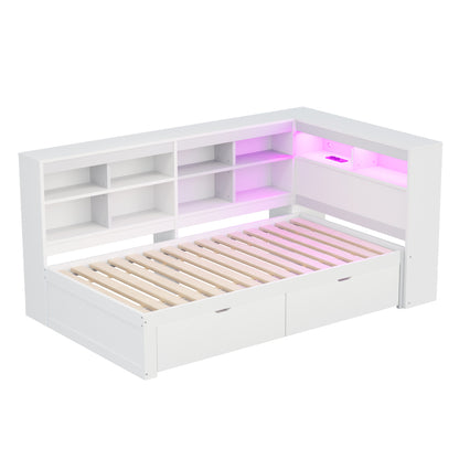 Massivholz-Einzelbett 90x200 Weiß mit LED & USB-Steckdose - Multifunktionales Schlafsofa mit Regalen, Ablagefächern & viel Stauraum, Weiß