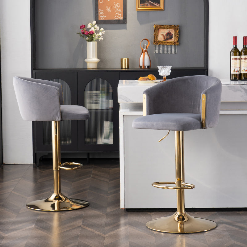 Modern rotatable height adjustable bar stools, modern bar stools for kitchen, bar, and restaurant counters, lift stools with middle backrest and gold footrest (Grau Set of 2)