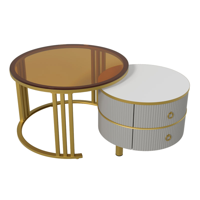 2-in-1 runder MDF-Couchtisch, Beistelltisch mit 1 Hochglanz-Tischplatte und 1 brauner Tischplatte aus gehärtetem Glas, Wohnzimmer-Couchtischkombination mit 2 Schubladen, 70*70*45 + 50*50*40 cm