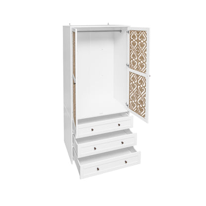 Weißer Aufbewahrungsschrank mit Schnitzmuster – Boho-Garderobenschrank mit Rattangeflecht, 3 Schubladen und Kleiderstange aus Aluminiumlegierung – ideal für Wohnzimmer, Schlafzimmer, Büro oder Arbeits