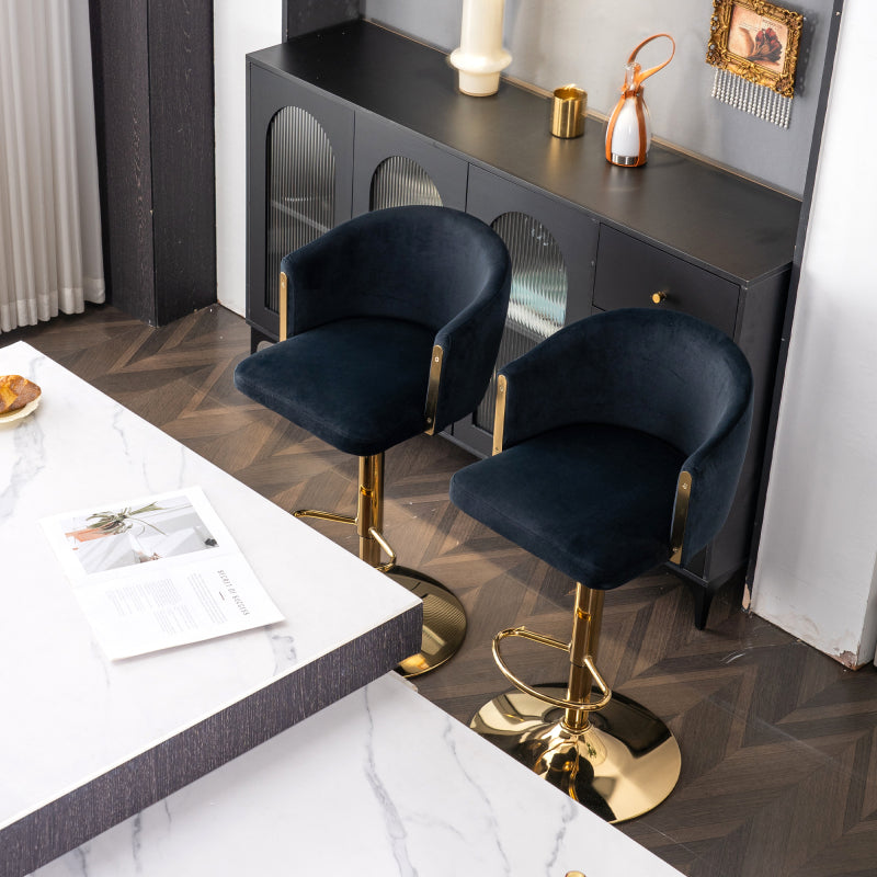 Moderner drehbarer höhenverstellbarer Barhocker, moderner Barhocker für Küche, Bar und Restaurant Theken, Hubhocker mit Rückenlehne und goldener Fußstütze (black.Set of 2)
