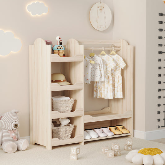 Kindergarderobe/Kinderkleiderschrank mit Kleiderstange & 4 Regalen, Aufbewahrung für Kinderzimmer, Standgarderobe Naturholz, 110*39*110 cm