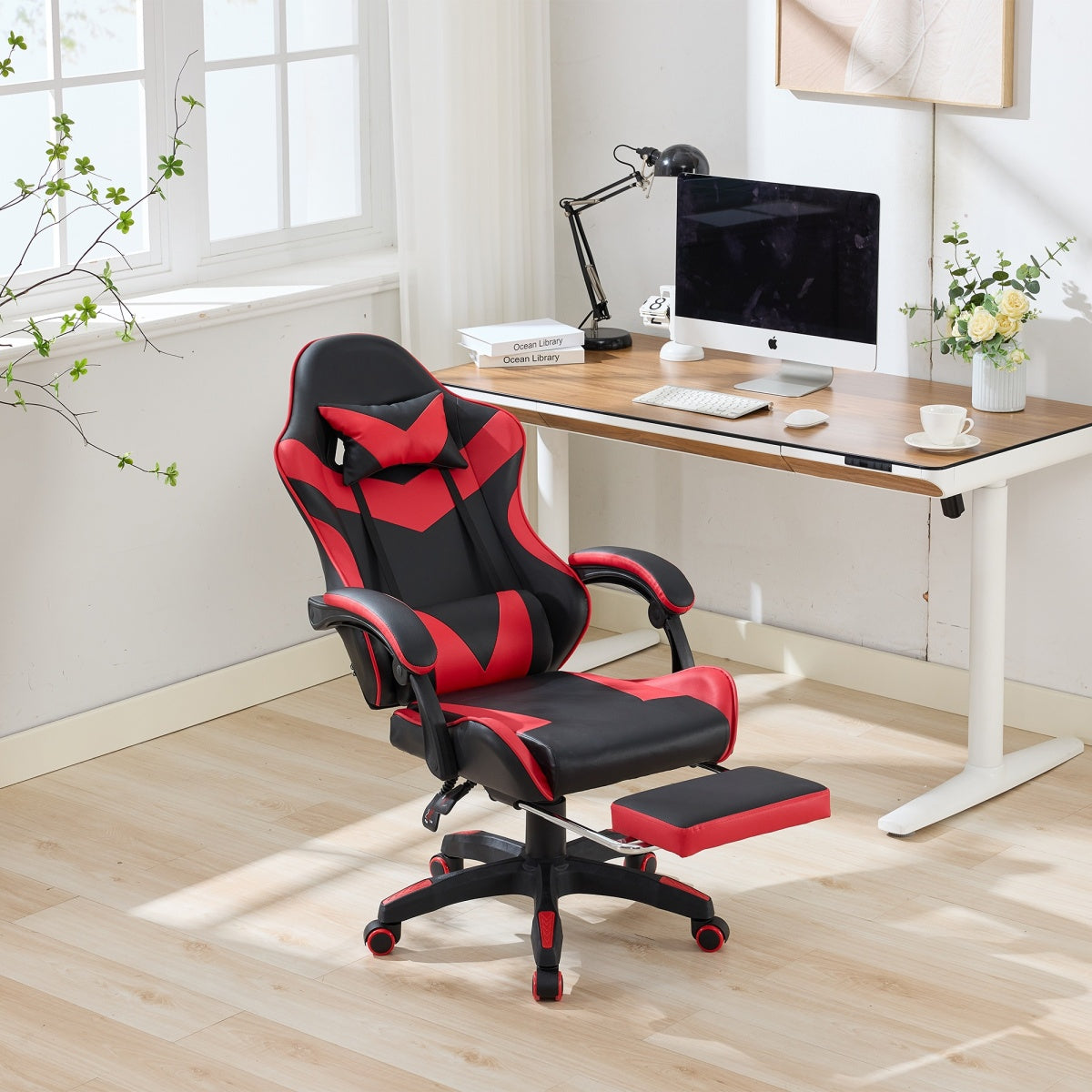 Gaming Stuhl Racing Design, 155° Liegefunktion, Fußstütze, Lendenmassage, Schwarz-Rot