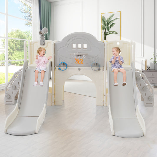 8 in 1 Kinderrutsche Kletterspielzeug, Multifunktionsrutsche mit 2 Rutschen, freistehende Rutsche, Klettern, Bohrspiel, Stauraum, Spielkorridor, Basketballkorb, Lasso-Spiel, Teleskop. Hergestellt aus