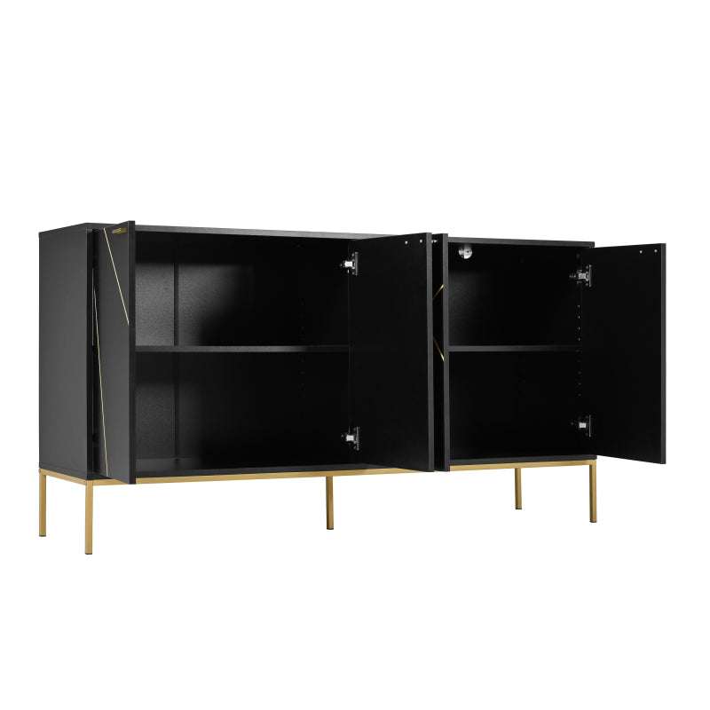 Sideboard mit vier Türen, Metallfüßen, TV-Schrank, Kleiderschrank,  geradliniges Design mit Metalllinien-Dekor, Schwarz+Golden
