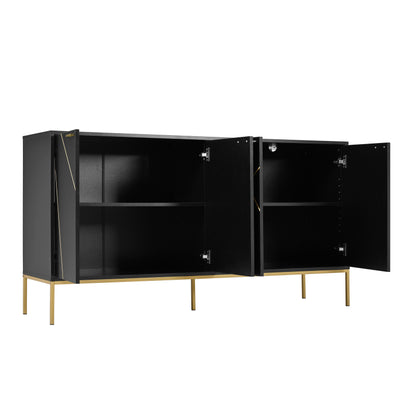 Sideboard mit vier Türen, Metallfüßen, TV-Schrank, Kleiderschrank,  geradliniges Design mit Metalllinien-Dekor, Schwarz+Golden