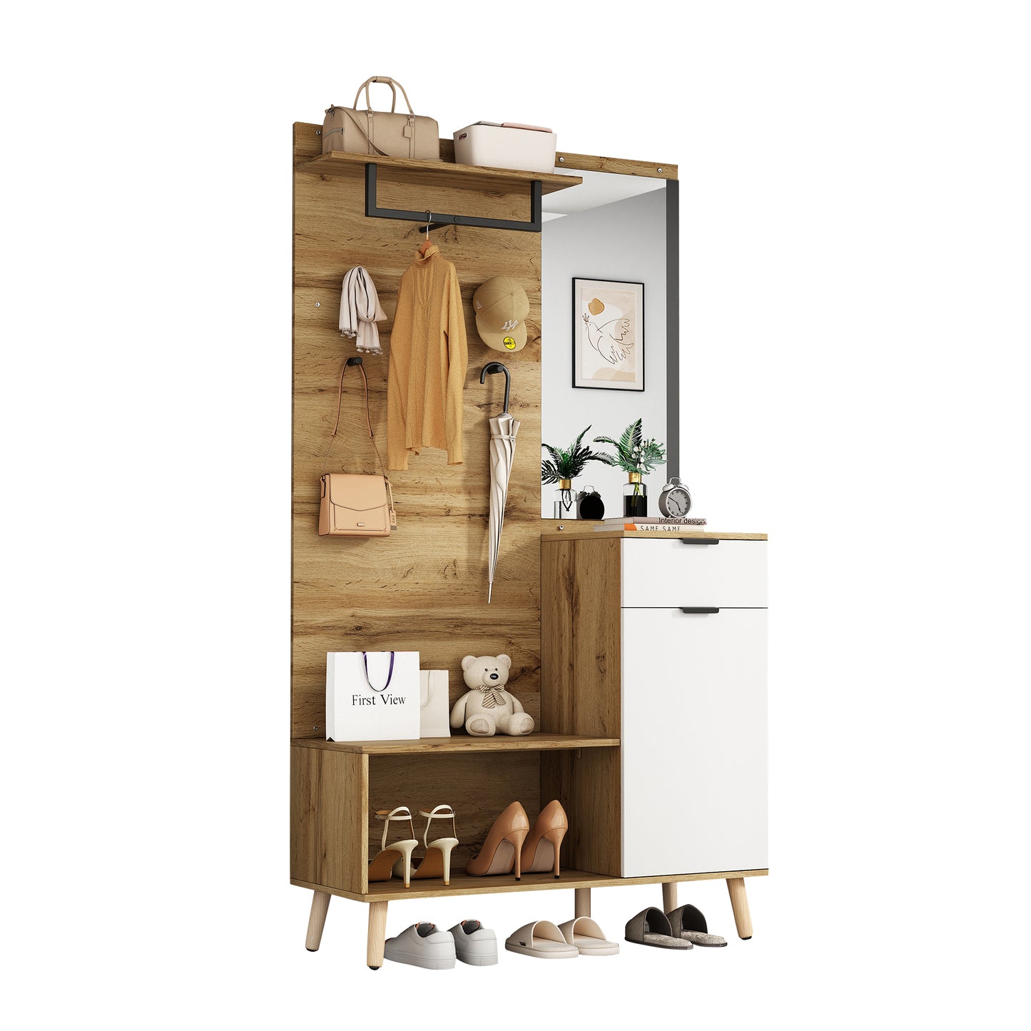 Multifunktionales Garderobenset aus Holz mit Spiegel, Schuhbank, Schuhschrank, Schublade, Regal und Kleiderhaken – Modernes Design mit hydraulischen Scharnieren und praktischem Stauraum