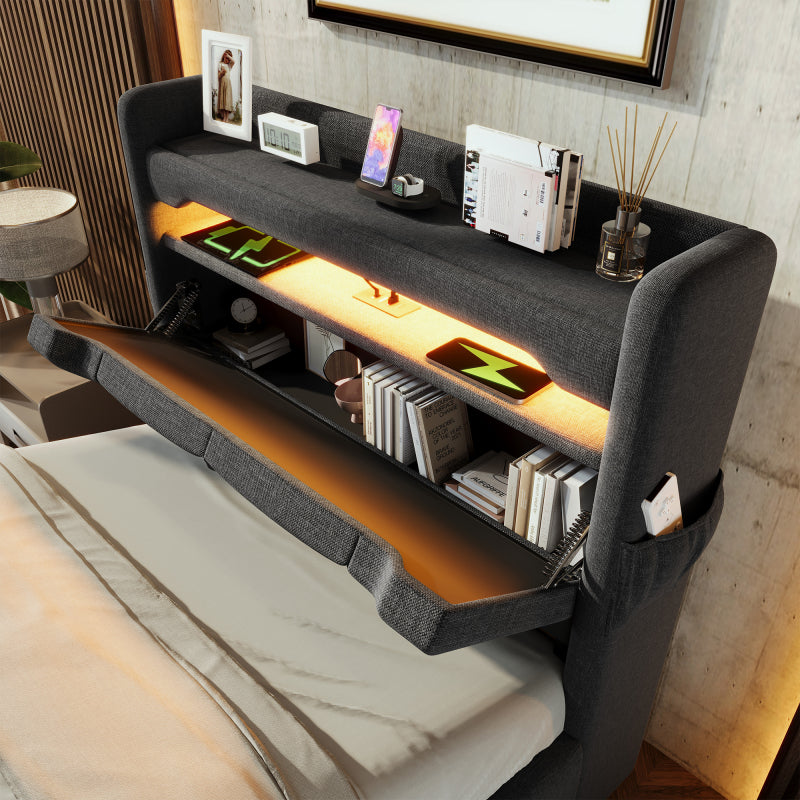 Polsterbett Einzelbett 90*200, Stauraum Kopfteil mit USB und Typ C-Port ,360-Surround-LED-Funktion rund um Kopf- und Fußende des, Betten mit Hydraulisch Stauraum, Grau , Leinen(Mit Matratze)