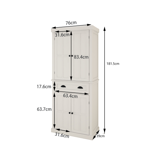 Vorratsschrank für die Küche, mit 4 Türen, Schublade, 2 verstellbaren Regalen, freistehender Schrank, Weiß