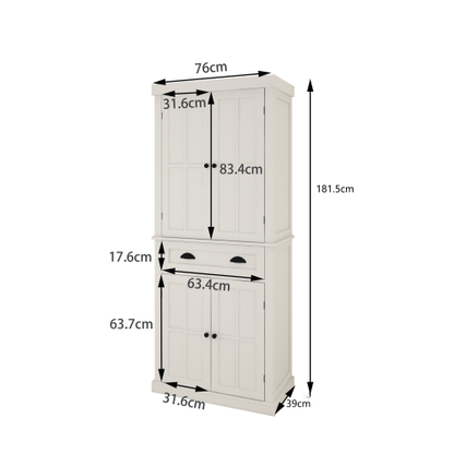 Vorratsschrank für die Küche, mit 4 Türen, Schublade, 2 verstellbaren Regalen, freistehender Schrank, Weiß