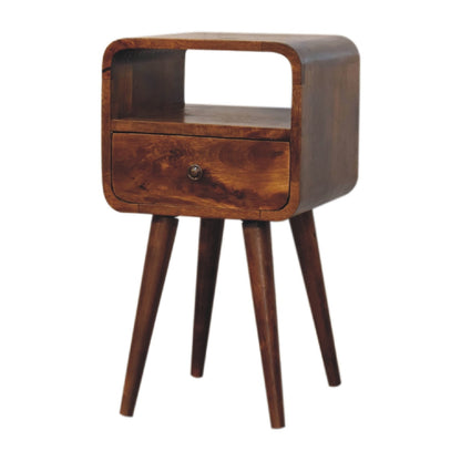 Mini Nachttisch aus Massivholz – Kastanienbraun, Curved Design, 1 Schublade & offenes Fach, Handgefertigt, Nordic-Stil, 30x30x55 cm