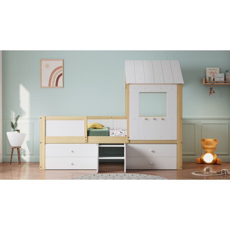Kinderbett, halbhohes Bett, Hausbett mit Dach und Fenster, Vierseitiger Zaun, mit 4 Schubladen und kleine Treppe, Kiefer+MDF+Sperrholz, Weiß+Natur, 90x200cm