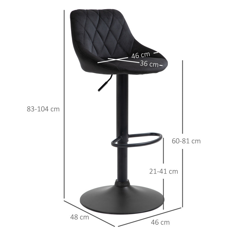 Barhocker 2er-Set Höhenverstellbar Schwarz Bistrohocker mit Fußstütze und Rückenlehne aus Samt & Metall