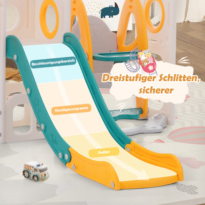 7-in-1-Rutsche für Kinder, bestehend aus Rutsche, Schaukel, Plattform, Unterschrank, Lochbohrspiel, Basketballkorb und Treppe - hochdichtes Polyethylen (Ozeanball nicht enthalten)