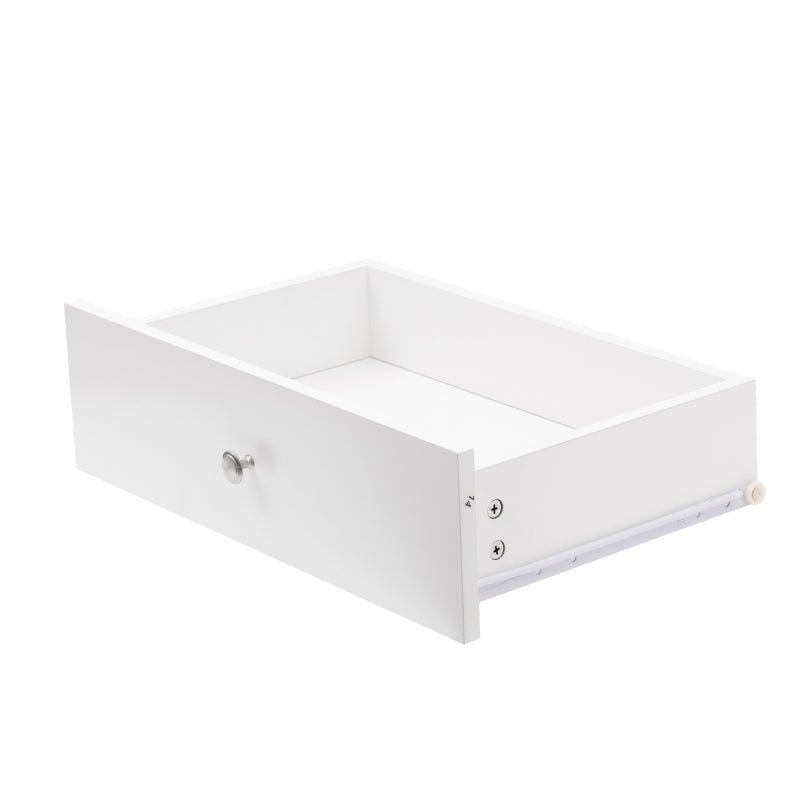 Sideboard mit weißer Holzmaserung, vier Türen, mit zwei Schubladen, Tür mit Glas. Wohnzimmer, Esszimmer. Holzfarbe und Weiß