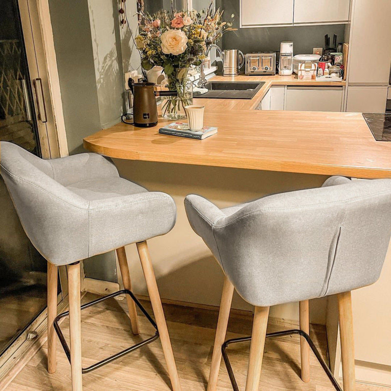 Barhocker 2er-Set bequeme Küchenhocker aus Leinen mit Sitzkissen und Fußstützen, Bistrohocker mit Buchenholzbeinen in Beige