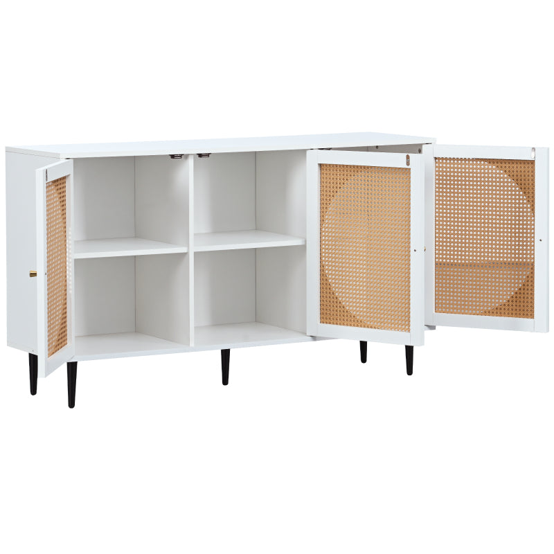Sideboard mit 3 Rattan verzierten Türen Kommode Highboard mit Metallgriffe, für Schlafzimmer & Wohnräume & Büro, Weiß,129.8x 40x 76cm