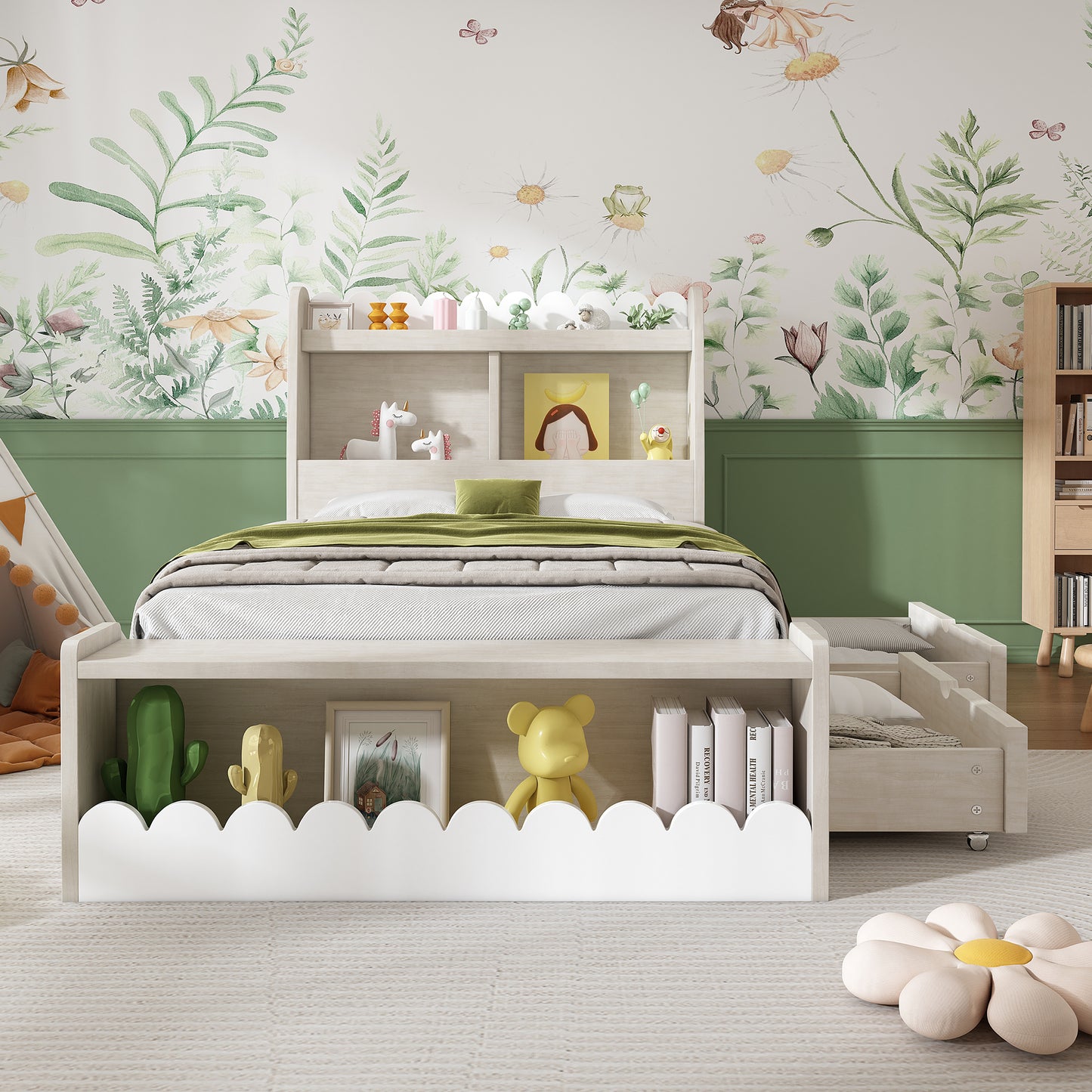 Kinderbett Einzelbett Stauraumbett mit Schubladen, Regal und Sitzbank mit Stauraum, Holzbett 90x200 cm, Weiß mit Eichefarben (Ohne Matratze)