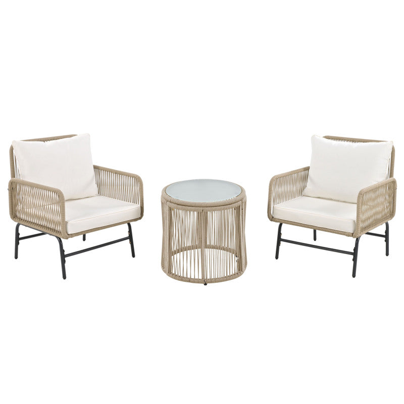 Gartenlounge-Set, Gartenmöbel-Set, Mit Eisenrahmen und beigem Seil, Gartenmöbel aus gewebtem Seil für den Außenbereich, Beige, Zwei Sessel, zwei 2-Sitzer-Sofas und zwei Tische (alle Kissen inklusive)